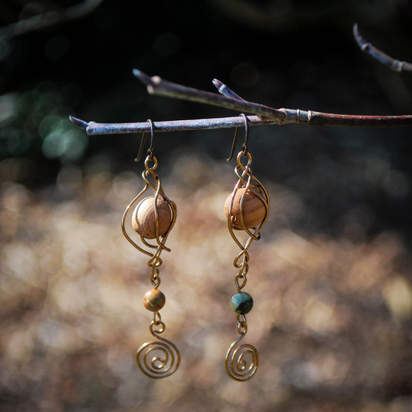 Handcrafted Applewood Unakite Earrings & Bracelet - Picture 2 of 2